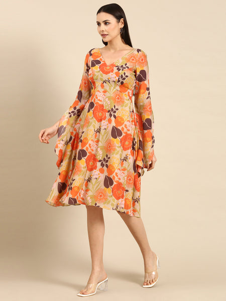 Orange Printed Muslin V-Neck Dress - AS0648