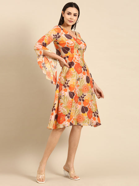 Orange Printed Muslin V-Neck Dress - AS0648