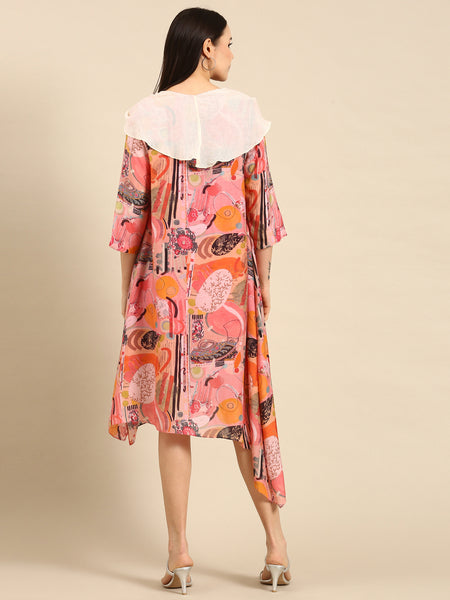Pink Printed Muslin Cowl Neck Dress - AS0649