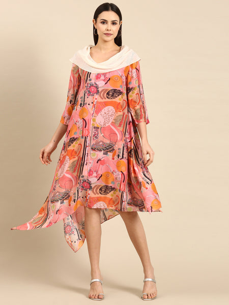 Pink Printed Muslin Cowl Neck Dress - AS0649