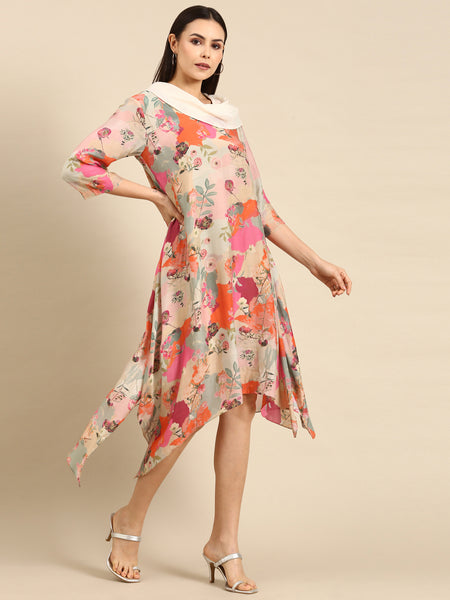Pastel Printed Muslin Cowl Neck Dress - AS0650