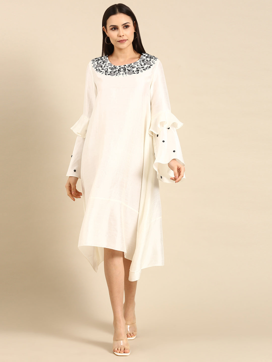 Ivory Silk Embroidered Dress - AS0654