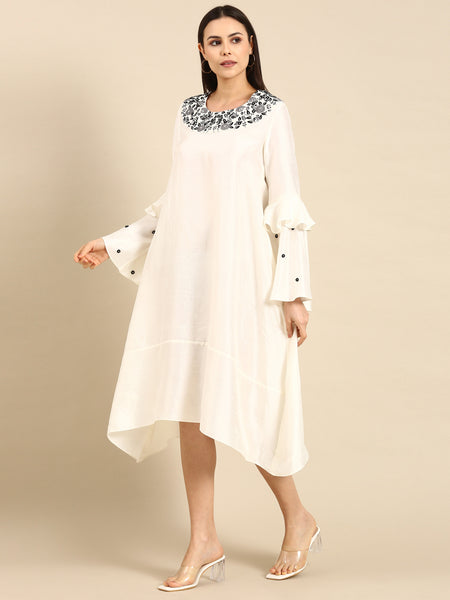 Ivory Silk Embroidered Dress - AS0654