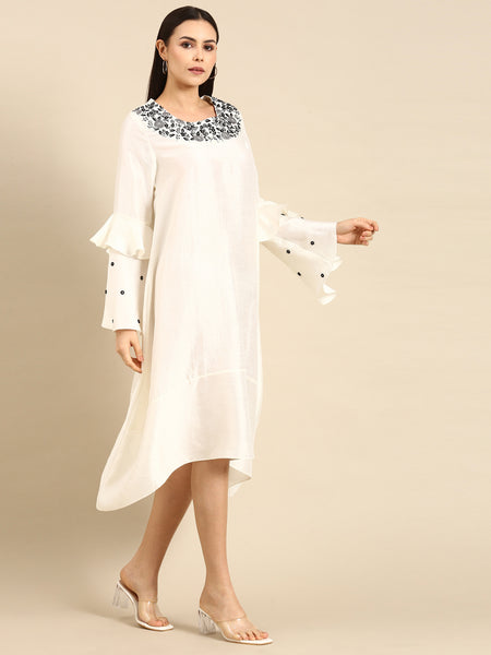 Ivory Silk Embroidered Dress - AS0654