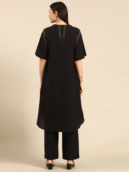 Black Cotton Pleated Aline Dress - AS0657