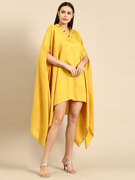 Yellow Slub Silk Kaftan Dress - AS0658