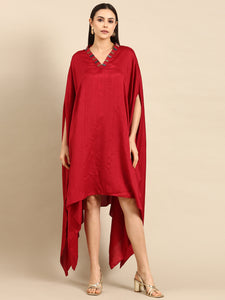 Red Slub Silk Kaftan Dress - AS0661