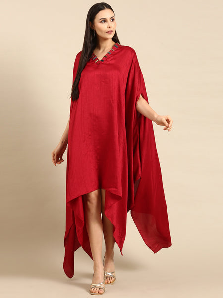 Red Slub Silk Kaftan Dress - AS0661