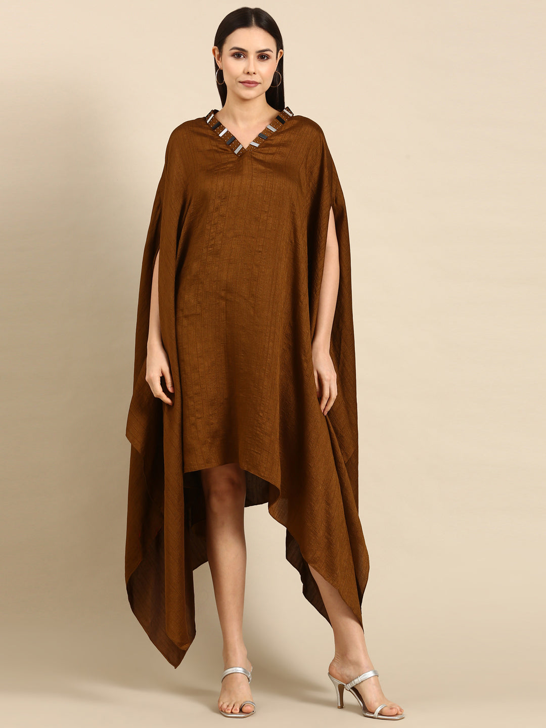 Brown Slub Silk Kaftan Dress - AS0662