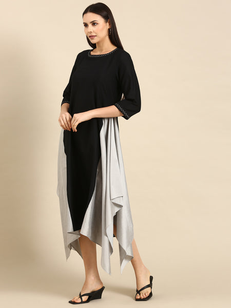 Black Cotton Silk Panel Dress - AS0663