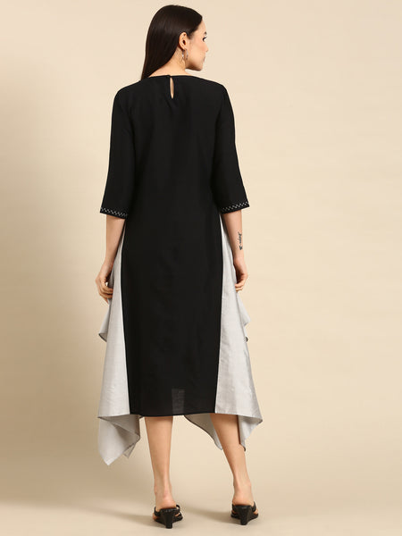 Black Cotton Silk Panel Dress - AS0663