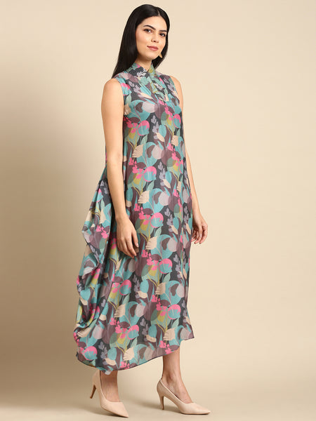 Blue Grey Muslin Digital Print Dress - AS0666