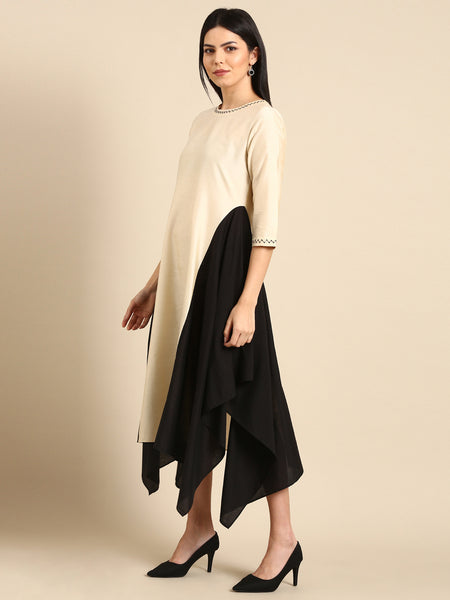 Beige Cotton Silk Panel Dress - AS0668