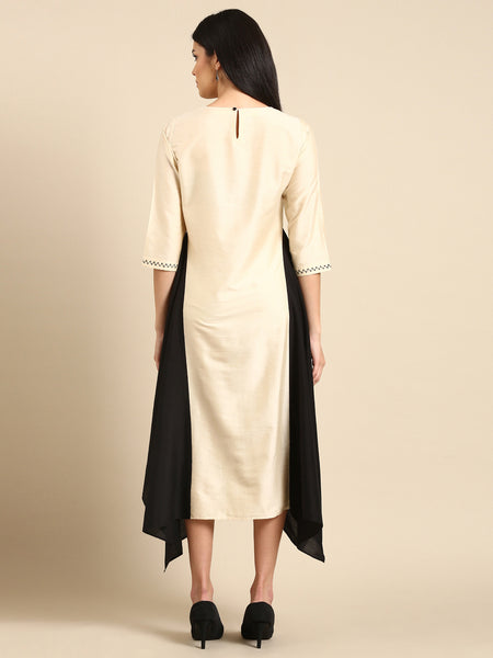 Beige Cotton Silk Panel Dress - AS0668