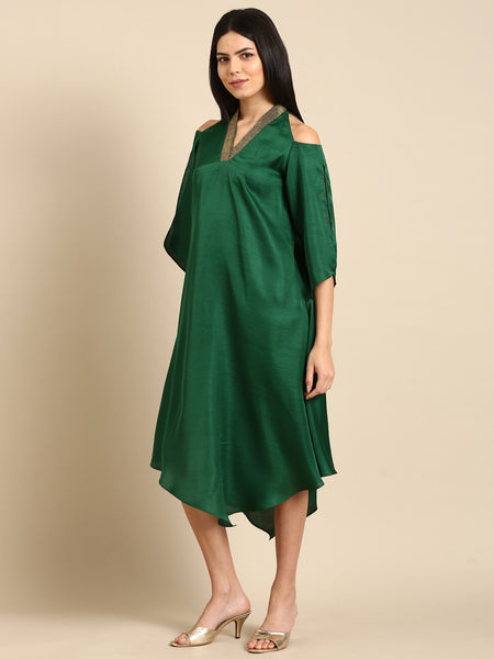 Bottle Green Slub Silk Dress - AS0671