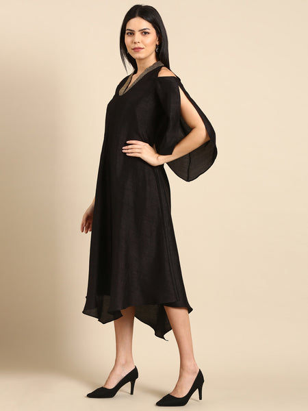 Black Slub Silk Dress - AS0673
