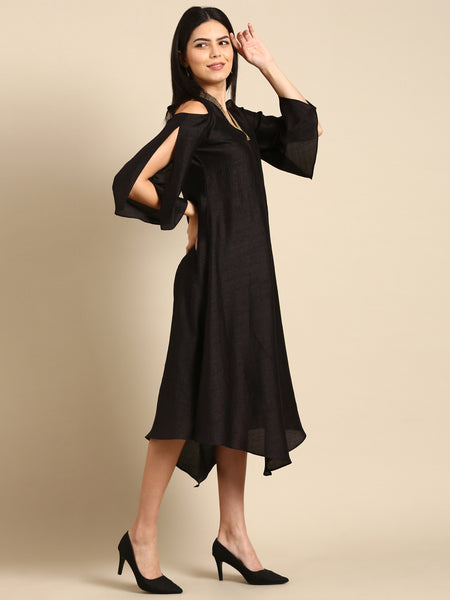 Black Slub Silk Dress - AS0673