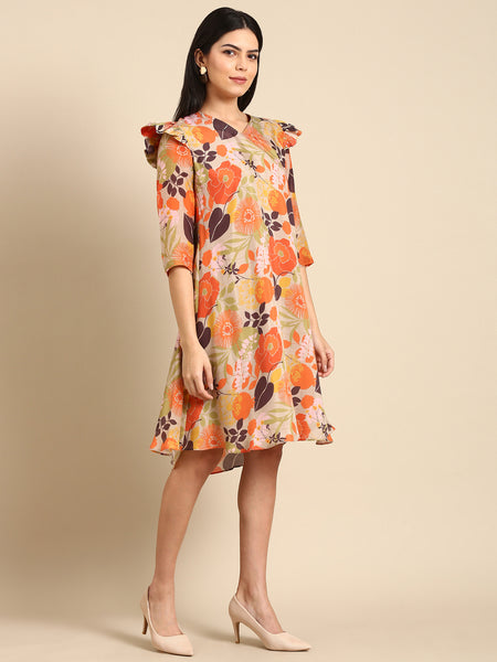 Orange Beige Mulsin Digital Print Dress - AS0674