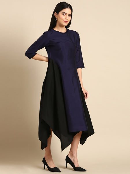 Blue Black Cotton Silk Panel Dress - AS0675