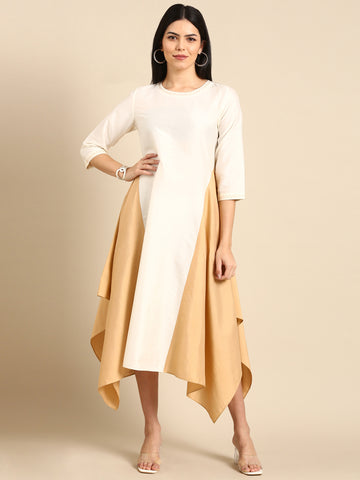 Ivory Gold Cotton Silk Dress - AS0676