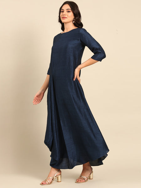 Navy Blue Silk Cotton Slub Dress - AS0683