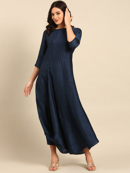 Navy Blue Silk Cotton Slub Dress - AS0683