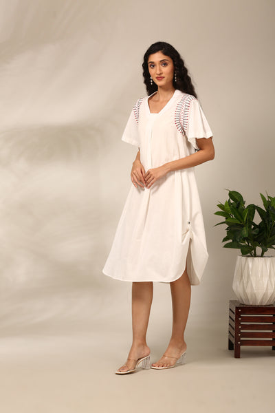 White Cotton Embroidered Dress  - AS0686