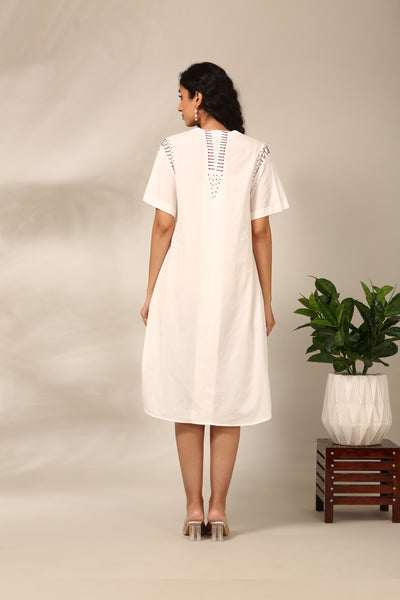 White Cotton Embroidered Dress  - AS0686