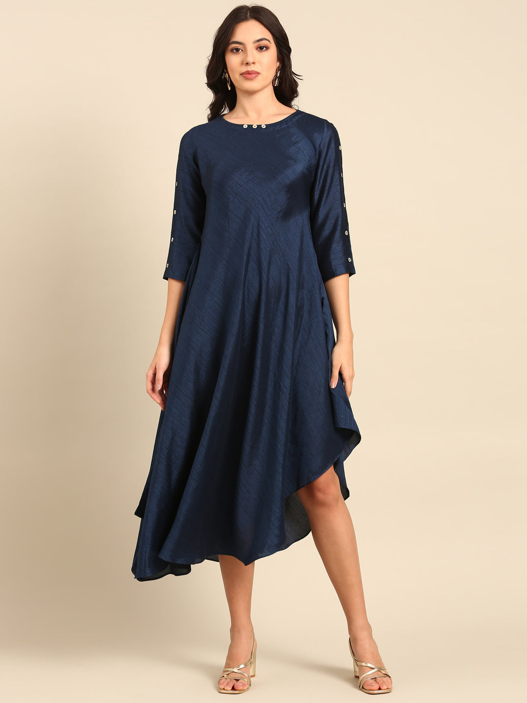 Blue Silk Cotton Slub Dress - AS0691