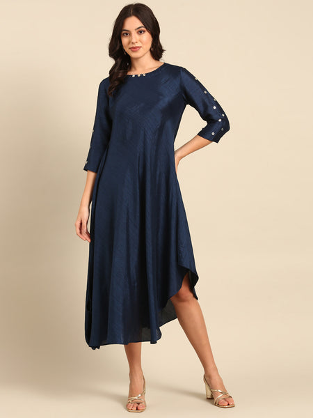 Blue Silk Cotton Slub Dress - AS0691