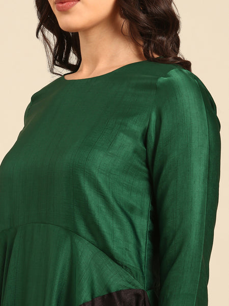 Green/Black Silk Cotton Slub Dress - AS0694