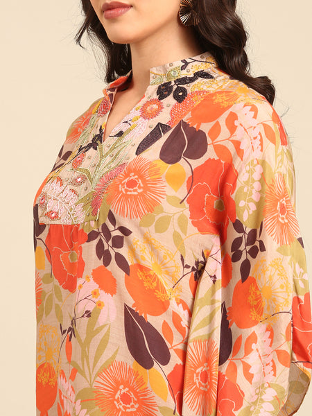 summer kaftan dress - orange printed muslin
