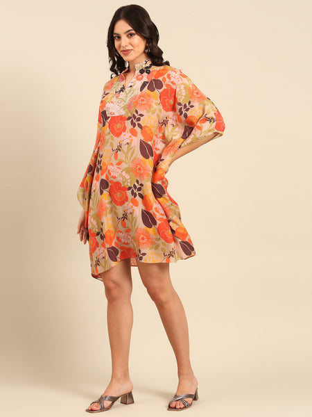 Orange Muslin Print Dress - AS0695