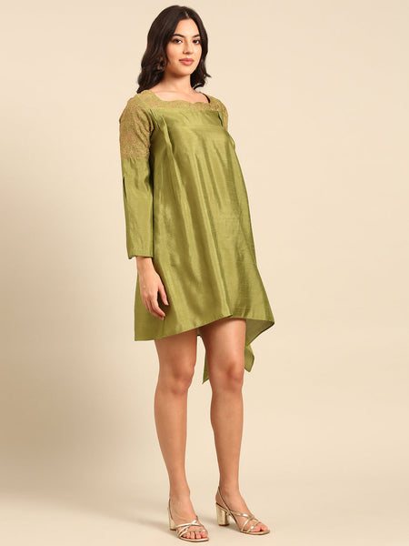 Green Linen Satin Dress - AS0700