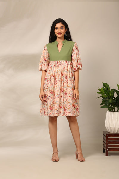 Peach Printed Bell Sleeve Dress  - AS0712