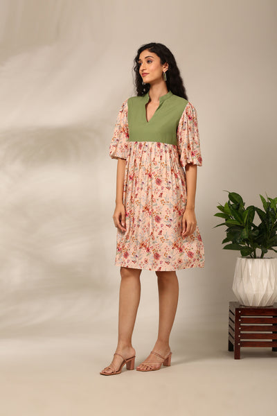 Peach Printed Bell Sleeve Dress  - AS0712