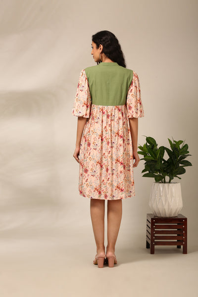 Peach Printed Bell Sleeve Dress  - AS0712