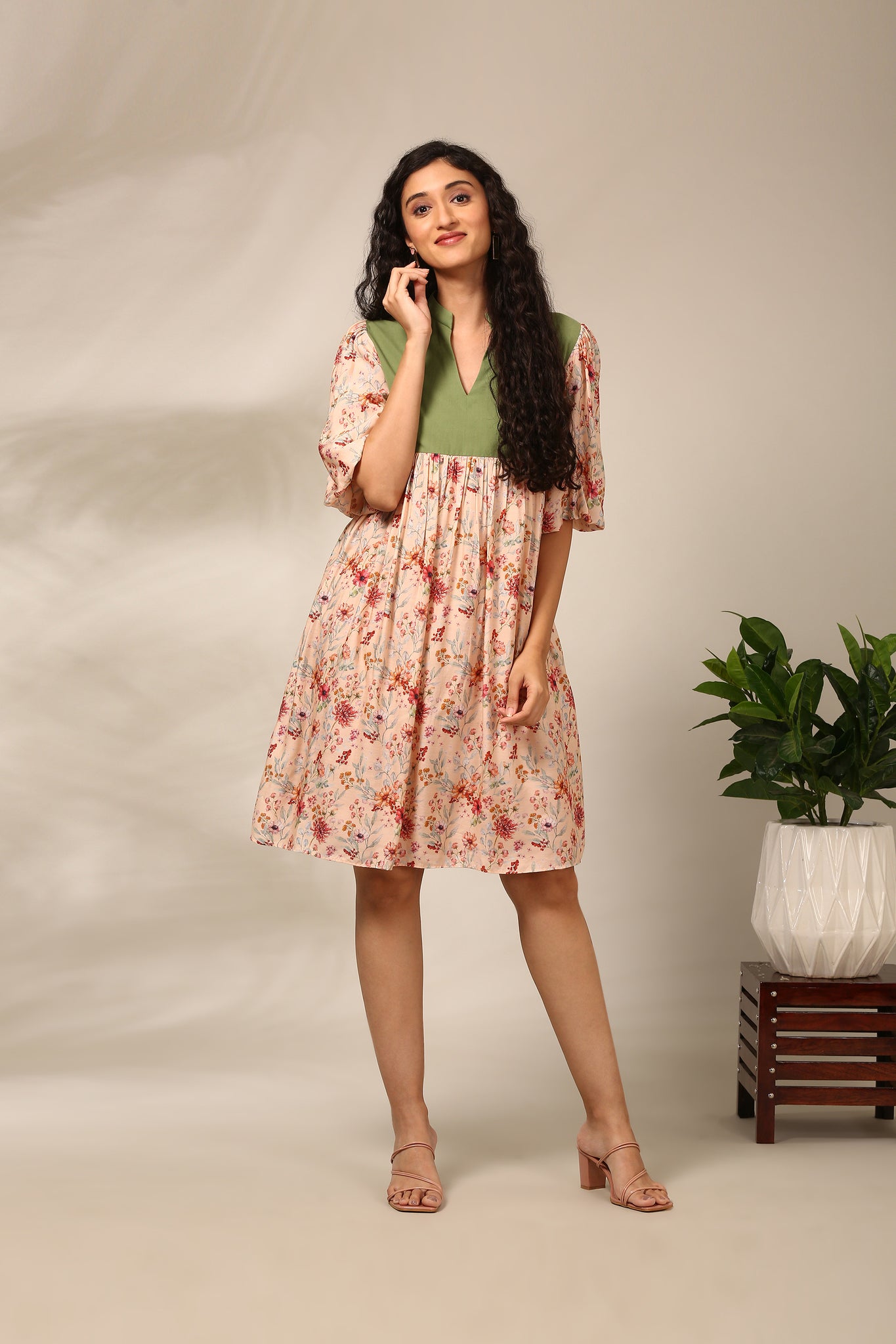 Peach Printed Bell Sleeve Dress  - AS0712