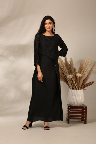 Black Slub Silk Long Dress  - AS0713