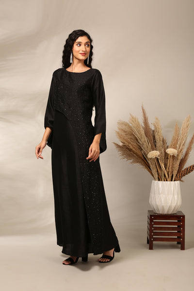 Black Slub Silk Long Dress  - AS0713