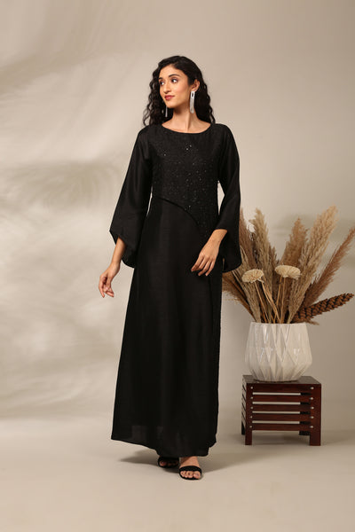 Black Slub Silk Long Dress  - AS0713