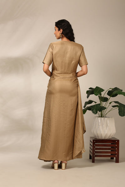 Beige Slub Silk Long Dress  - AS0715