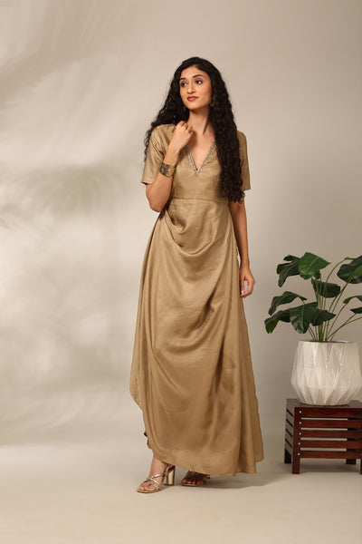 Beige Slub Silk Long Dress  - AS0715