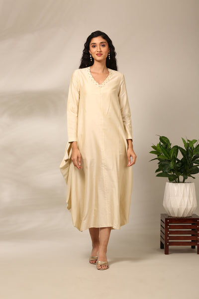 Beige Cotton Silk Flared Dress  - AS0717