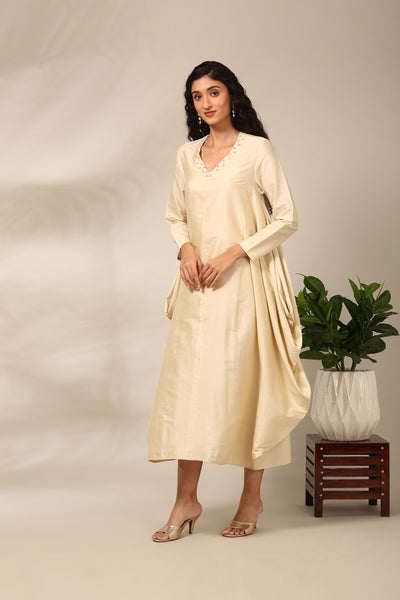 Beige Cotton Silk Flared Dress  - AS0717