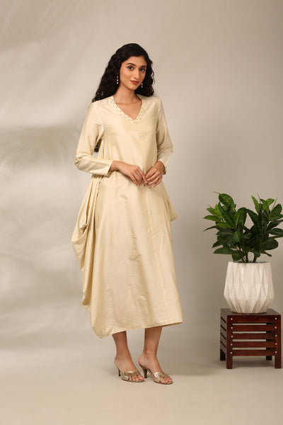 Beige Cotton Silk Flared Dress  - AS0717