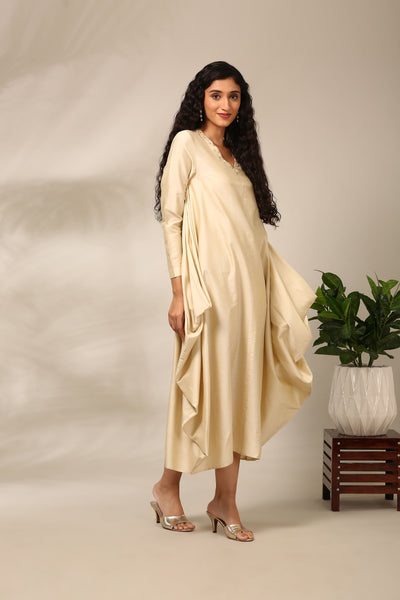 Beige Cotton Silk Flared Dress  - AS0717