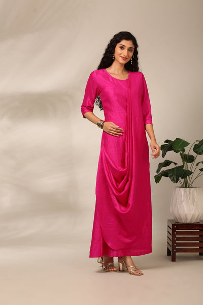 Fusia Pink Long Slub Silk Dress  - AS0719