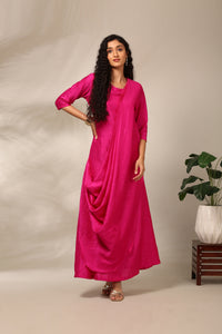 Fusia Pink Long Slub Silk Dress  - AS0719