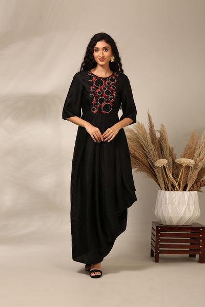 Black Slub Silk Long Dress  - AS0720